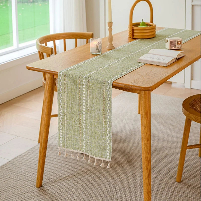 Boho Green Table Runner with Rustic Tassels - Smarsty