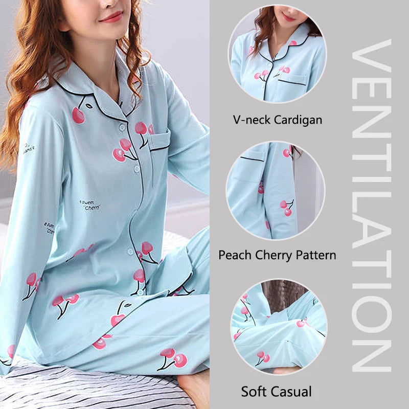 Women's Pajamas Set V-Neck Button down Top and Trousers Sleepwear Homewear Casual Nightwear Loungewear Autumn Winter Two-Piece - Smarsty