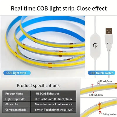 LED COB Light Strip Touch Dimmer Flexible Diode Tape 5V USB Linear Indoor Lighting Lamp Room DIY TV Mirror Backlight Wall Decor - Smarsty