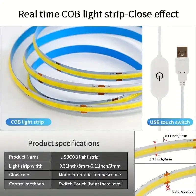 LED COB Light Strip Touch Dimmer Flexible Diode Tape 5V USB Linear Indoor Lighting Lamp Room DIY TV Mirror Backlight Wall Decor - Smarsty