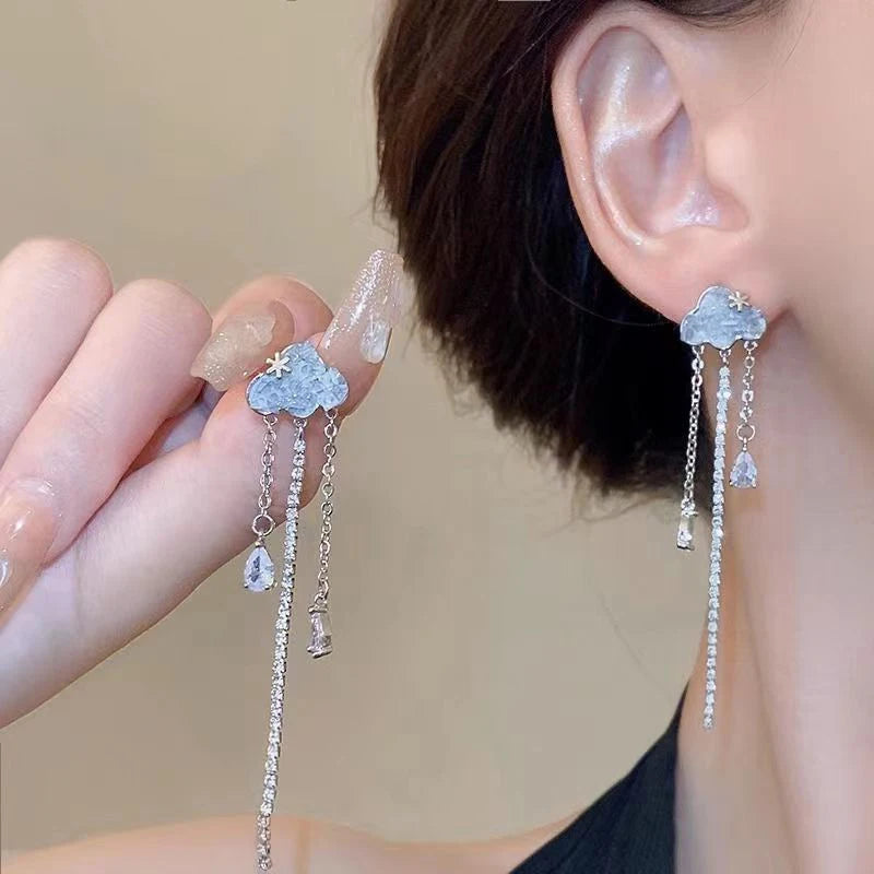 Elegant Blue Cloud Drop Earrings with Colorful Rain Tassel - Smarsty