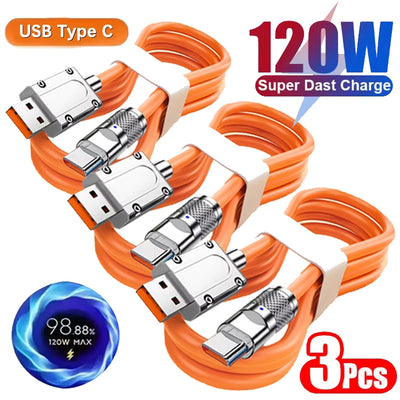 3PCS 120W Super Fast Charge Type-C Liquid Silicone Cable Quick Charge USB C Lines For Xiaomi Huawei Samsung USB Phone Data Wire - Smarsty