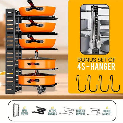 Space-Saving 8-Tier Pot Rack Organizer - Durable Metal Holder for Pans, Pots, and Lids to Keep Your Kitchen Neat and Tidy by Smarsty