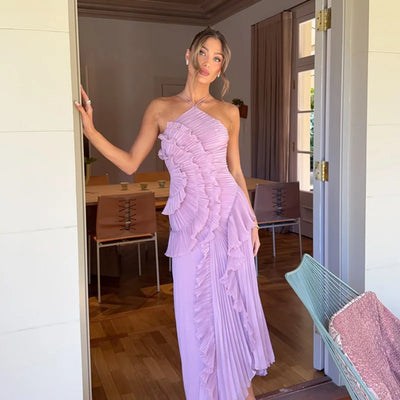 Elegant Purple Halter A Line Prom Gowns Ruffles Tiered Backless Party Gown Summer Vacation Chiffon Long Evening Dress - Smarsty