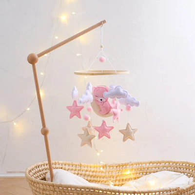 Wooden Crib Mobile Baby Bed Bell Rattle Toy Soft Felt Cartoon Bear Mobile Hanging Newborn Music Box Bed Bell Hanging Bracket Toy by Smarsty