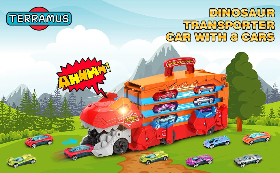 Dinosaur 3-In-1 Transport Truck Car Toys for Boys Age 3+ 8 Race Cars Ejection Folding Portable Track Toy with Sound for Kids