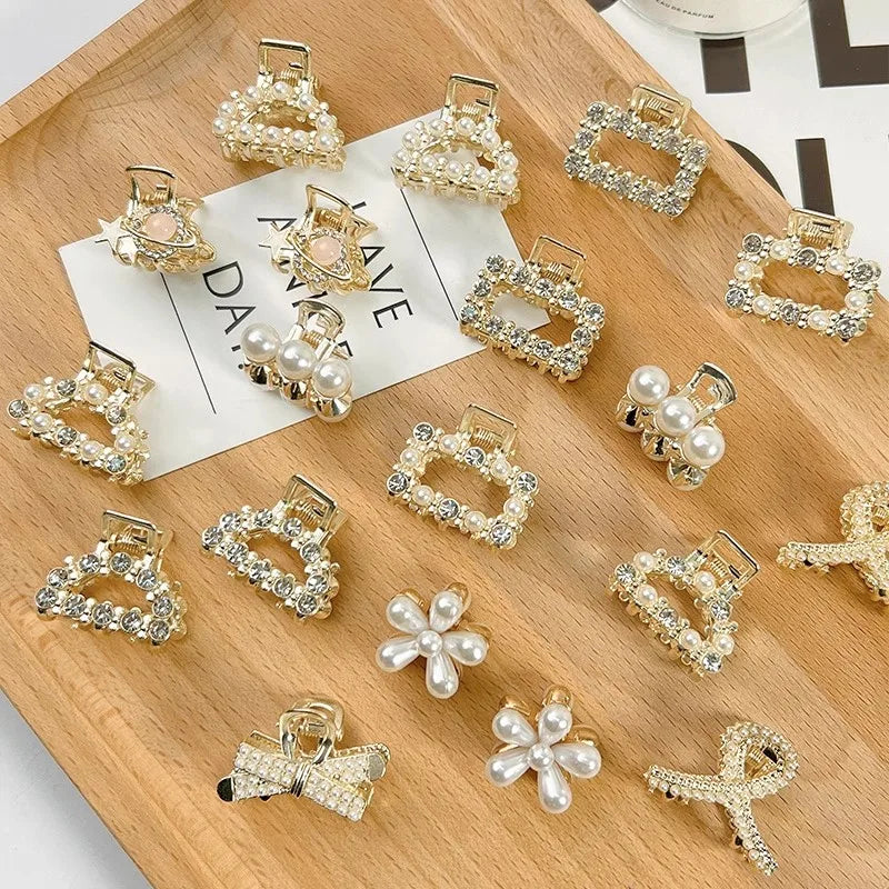 Mini Rhinestone Pearl Hair Claws For Women Sweet Geometric - Smarsty