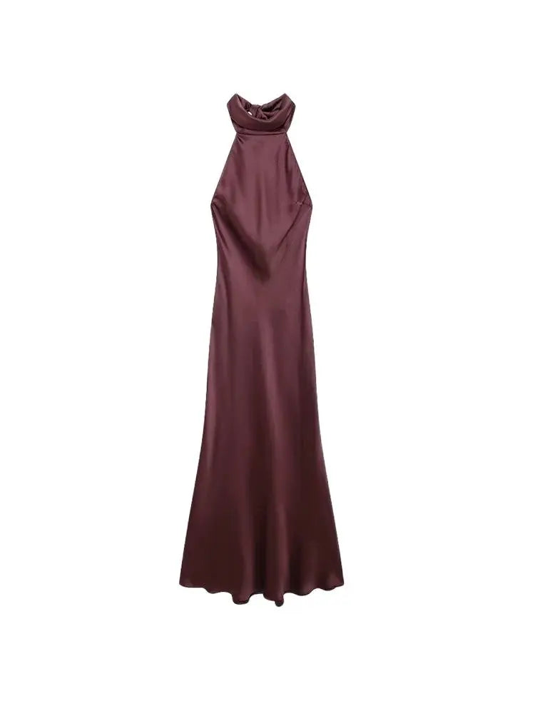 TRZA-Women's Long Satin Halter Dress, Backless, Bow Tied, Back Zipper, Female Dresses, Sexy Fashion - Smarsty