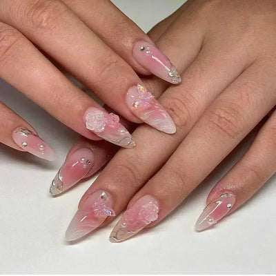 24Pcs Pink Almond False Nails with French Design - Smarsty