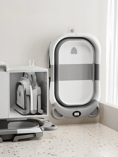 Portable Travel Bathtub, Collapsible Baby Bathtub, with Thermometer &1Soft Floating Cushion, with Drain Hole,For Baby 0-36 Month