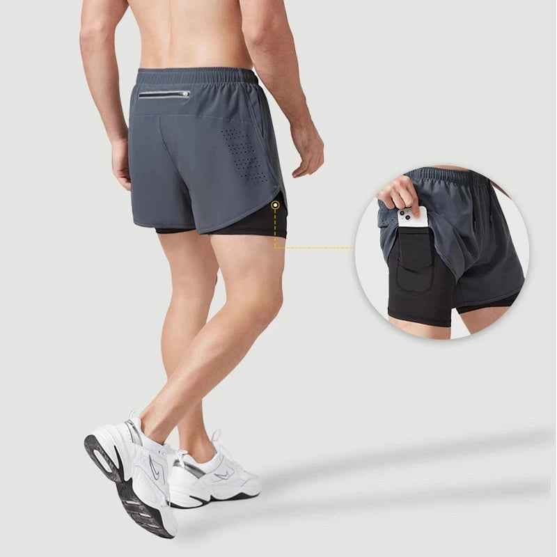 Men's Running Shorts Quick-drying Fitness Black Double Layer Shorts Men New Sport Workout Training Bodybuilding Short Pants - Smarsty