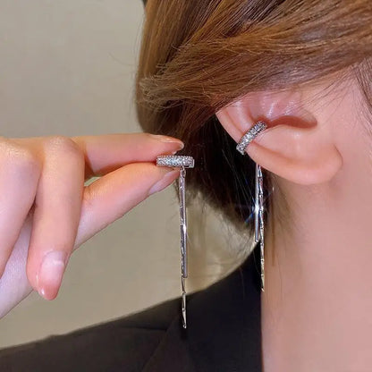 Zircon C Shape Long Tassel Ear Cuffs No Piercing Earrings - Smarsty
