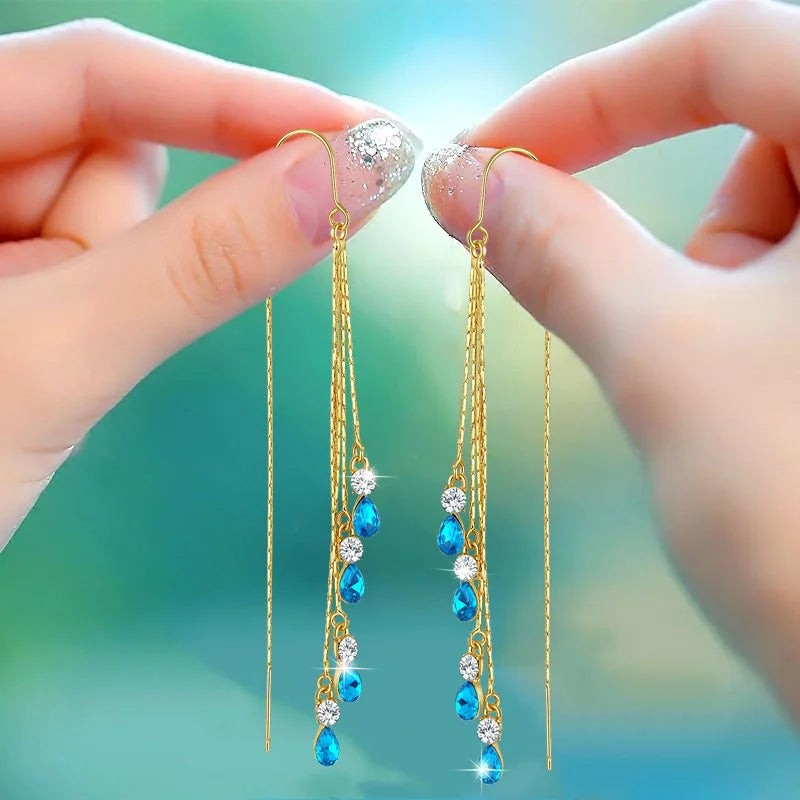 Luxury Green Zircon Drop Earrings with Long Tassel Design - Smarsty