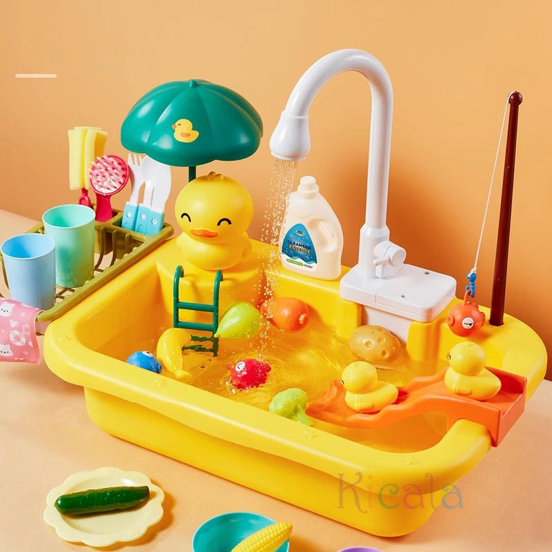 Kids Kitchen Sink Toys Electric Dishwasher Playing Toy With Running Water Pretend Play Food Fishing Toy Role Playing Girls Gift by Smarsty