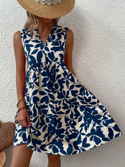 Women Boho Print Mini Dress Summer Elegant Sleeveless V Neck Ruffle A Line Tank Dress Casual Loose Oversize Beach Party Sundress - Smarsty