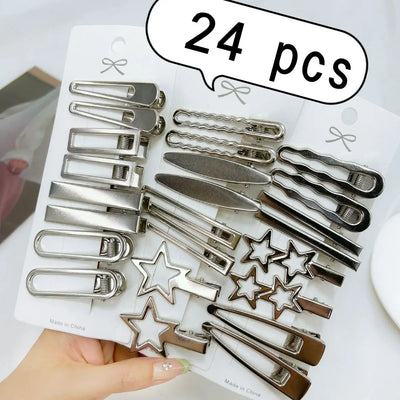 24 Pcs Silver Metal Hairpins for Fashionable Women - Smarsty