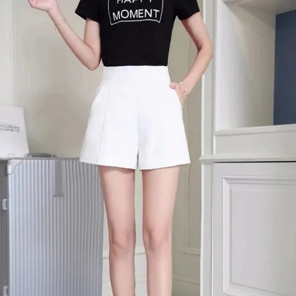 Women Shorts Spring Summer Casual High Waist A-line Shorts Loose Wide Leg Shorts Chic Lady Black White Suit Shorts - Smarsty