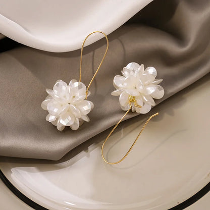 Korean Fashion White Crystal Flower Dangle Earrings for Women - Smarsty