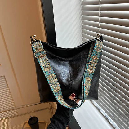 Wide Geometric Strap Shoulder Bag Large Capacity Crossbody Bags For Women,Retro Pu Leather Women's Bag For Shopping Travel - Smarsty