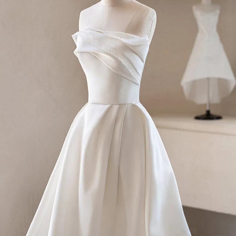 French Luxury White Satin Trailing Wedding Dresses for Bride 2025 Women Elegant Sexy Strapless Long Prom Party Dress vestidos