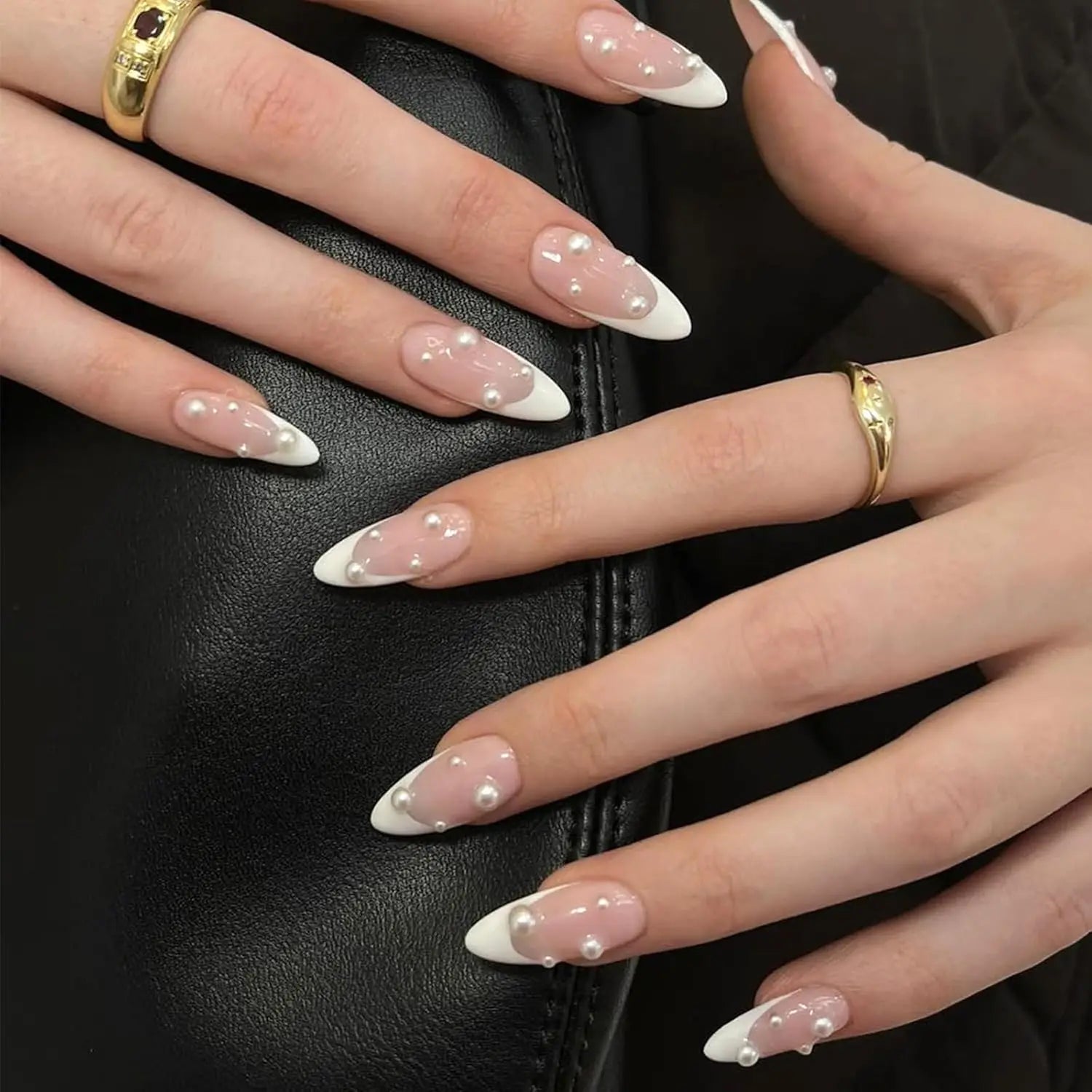 24PCS French Almond Fake Nails with Pearl Trim - Smarsty