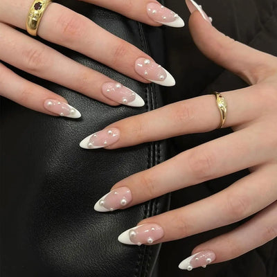 24PCS French Almond Fake Nails with Pearl Trim - Smarsty