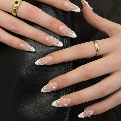 24PCS French Almond Fake Nails with Pearl Trim - Smarsty