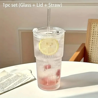 600ml Eco-Friendly Stripe Glass Cup with Lid and Straw - Smarsty