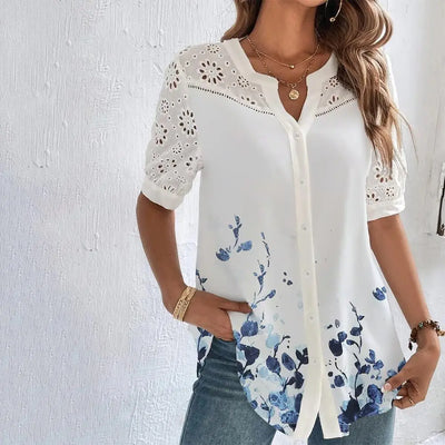 Temperament Casual Lace Woman Shirt Fashion Loose Shirt Woman Elegant Short Sleeve Blouse Holiday Weekend - Smarsty