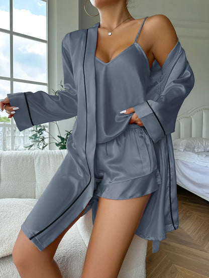 Simple Satin Pajama Set Long Sleeve Belted Robe  V Neck Cami Top And Shorts Women's Sleepwear - Smarsty