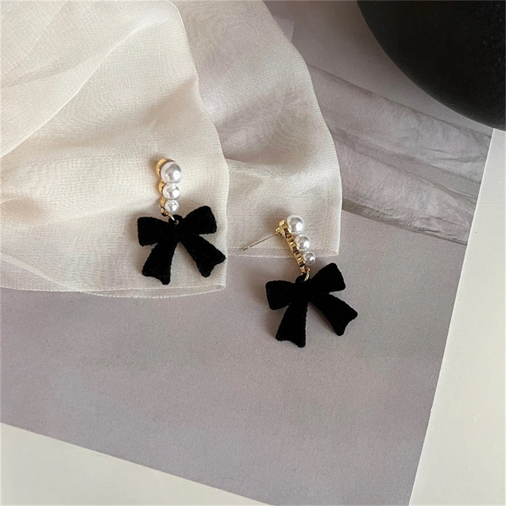 Red Black Bowtie Earrings with Simulated Pearls for Women - Smarsty