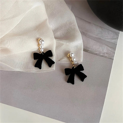 Red Black Bowtie Earrings with Simulated Pearls for Women - Smarsty
