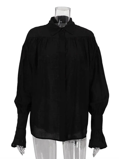 Tossy Casual Loose See-Through Shirts Women's Autumn Lapel Long Sleeve Patchwork Blouse Top Streetwear Female Solid Shirts Top - Smarsty