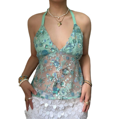 Sexy Deep V Neck Beach Tank Tops Women y2k Coquette Summer Sequins Patchwork Sleeveless Vest Vacation Backless Beach Tops - Smarsty