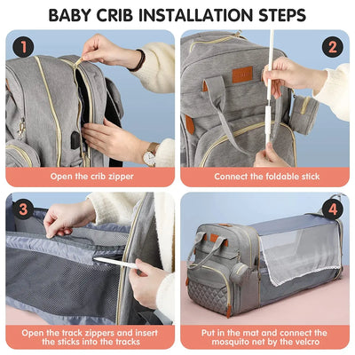 3 In 1 Diaper Bag Backpack Foldable Baby Bed Waterproof Travel Bag with USB Charge Diaper Bag Backpack with Changing Bed 3 types by Smarsty