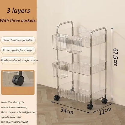 3/4 Layer Rolling Trolley Storage Rack Movable Trolley With Hanging Basket Bathroom Storage Makeup Snack Organizer Transparent