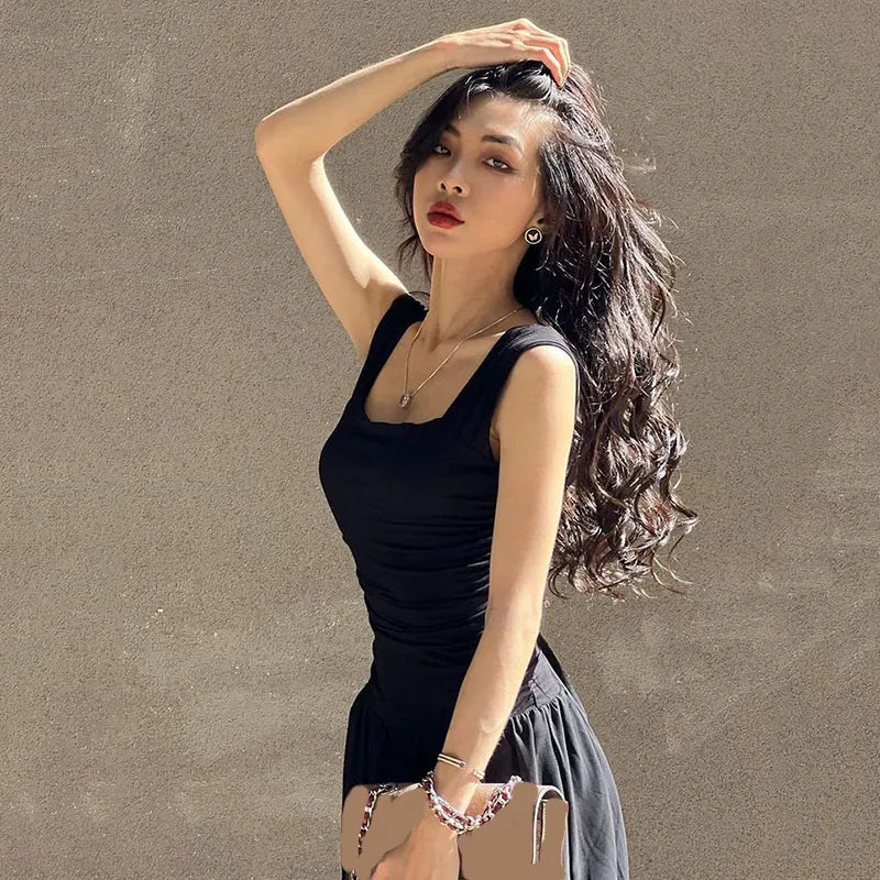 Black Wide Strap Maxi Dress for Women Summer Elegant Temperament High-Waist Party Long Dresses Sexy Ruched Bodycon Midi Dress