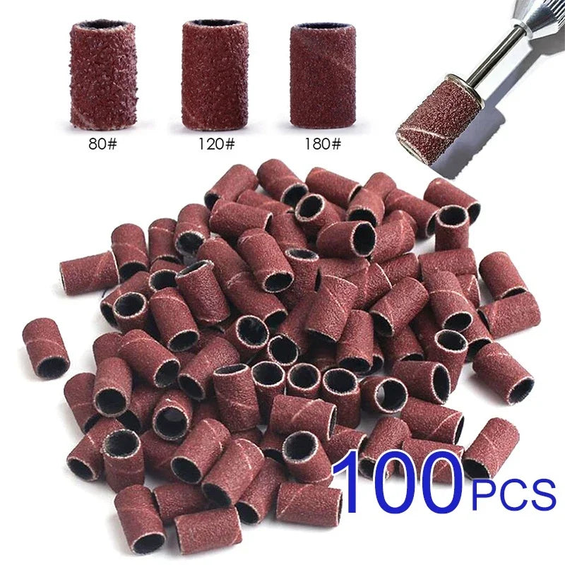 100/50pc Sanding Cap Bands For Electric Manicure Machine 180/120/80 Grit Nail Drill Grinding Bit Files Pedicure Tool