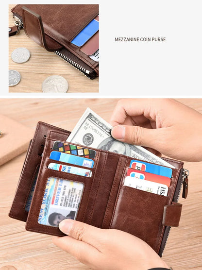 Leather Men's Wallet Luxury Short RFID Card Holder for Men Zipper Coin Purse Portable Male Wallets Billfold - Smarsty
