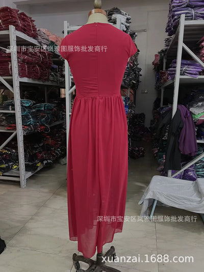 Women's Short-Sleeved Chiffon Evening Dress, Female Party Dress, Monochromatic, Bohemian, Long, Elegant, New, 2022 - Smarsty
