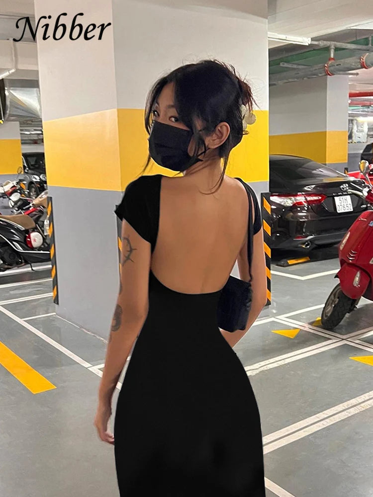 Nibber Solid Sexy Backless Maxi Dress Women Elegant Elastic Slim Short Sleeve Long dresses Female Bodycon Streetwear Clothing - Smarsty