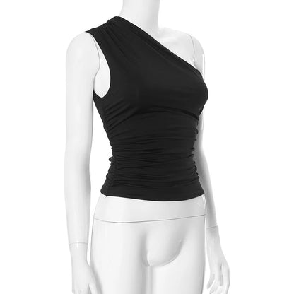 Solid Color One Shoulder Backless Shrink Tank Top T-Shirt Candy Color Tight Sexy Sleeveless Neckless Slim Casaul Top