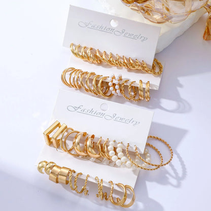 Boho Gold Circle Hoop Earrings Set with Vintage Pearl Design - Smarsty