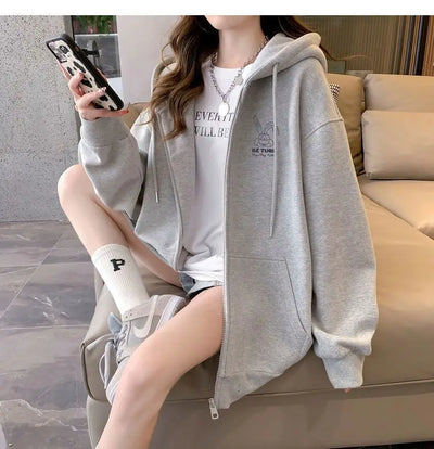 Women Embroidery Print Sporty Chic Hoodies Casual Zip Up Long Sleeve Loose Jacket Coats Harajuku Hooded Sweatshirts Streetwear - Smarsty