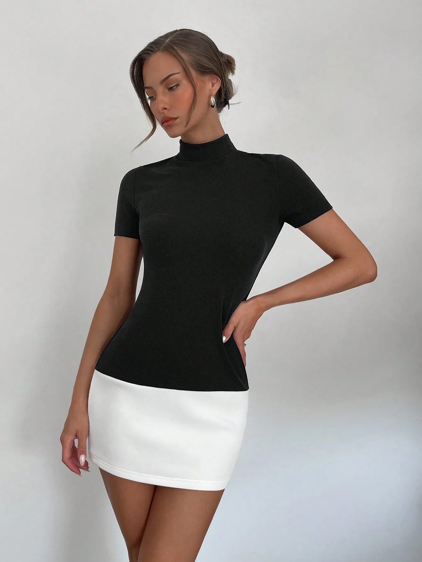 New Spring and Summer Workplace Commuter Office Woman Elite Style Contrast Color Splicing Simple Ultra-short Dress Woman - Smarsty