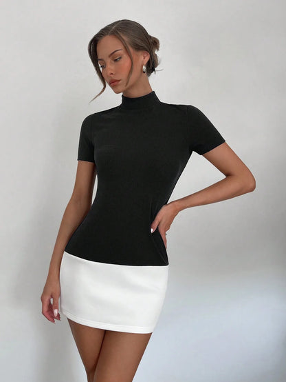 New Spring and Summer Workplace Commuter Office Woman Elite Style Contrast Color Splicing Simple Ultra-short Dress Woman - Smarsty