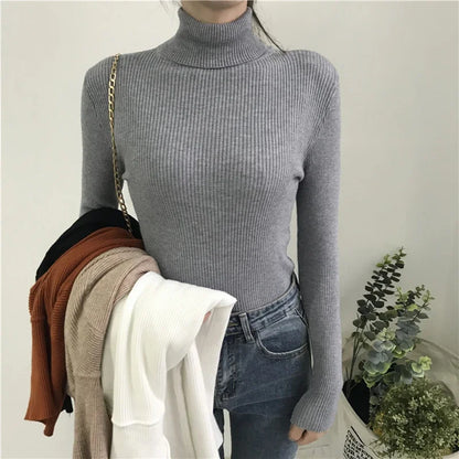 2024 Autumn Winter Thick Sweater Women Knitted Ribbed Pullover Sweater Long Sleeve Turtleneck Slim Jumper Soft Warm Pull Femme - Smarsty