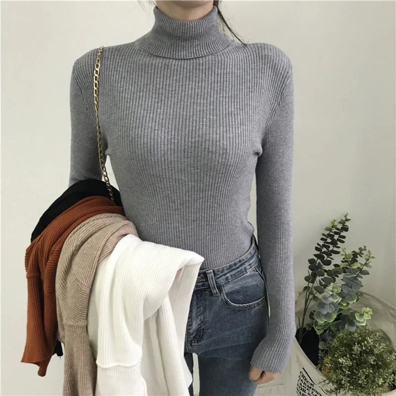 2024 Autumn Winter Thick Sweater Women Knitted Ribbed Pullover Sweater Long Sleeve Turtleneck Slim Jumper Soft Warm Pull Femme - Smarsty