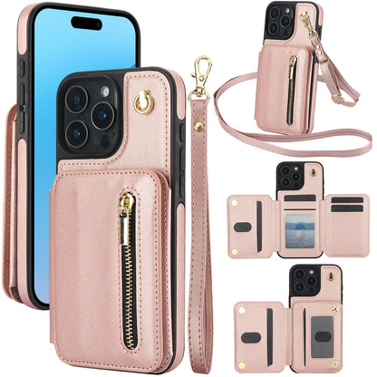 Card Slots Zipper Leather Wallet Case Flip Phone Case for IPhone 11 12 13 14 Ring Lanyard Purse by Smarsty