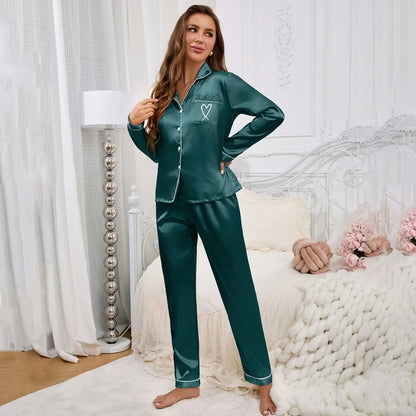 Autumn Satin Pajama for Women Heart-shaped Embroidery Sleepwear & Loungewear Long Sleeve Top & Pants Home Clothes Pyjama 2 Piece - Smarsty